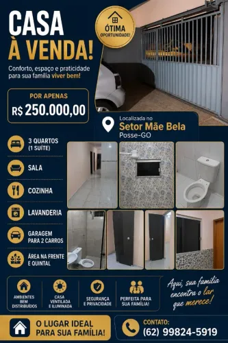 Casa no Setor Mãe Bela, 3 quartos, sala, cozinha, 3 banheiros e garagem para 3 carros.