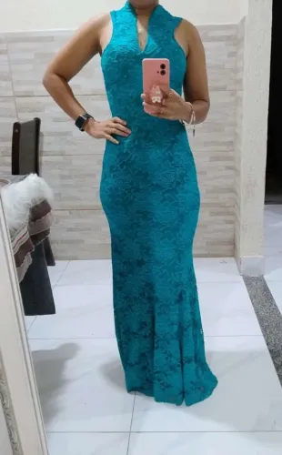 VESTIDO LONGO "M" VERDE AZULADO RENDADO