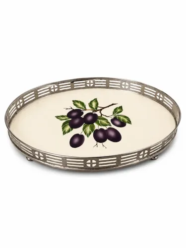Bandeja Decorativa Oval Vintage com Borda Metálica Trabalhada