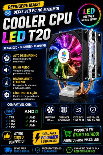 Cooler CPU LED T20 Ryzen / Intel - Silencioso e Alta Performance!