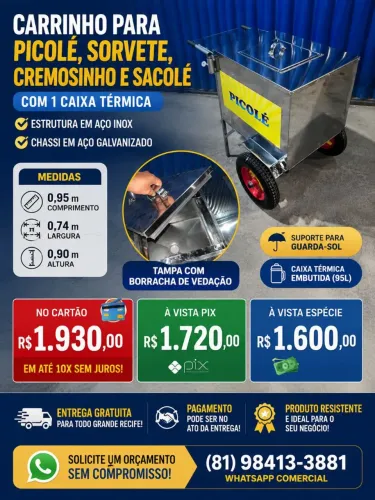 Carrinho de picolé inox com caixa térmica embutida em até 10x sem juros no cartão