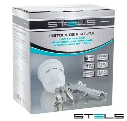 Pistola Pintura Gravidade 600ml + 3 Bicos 1.2 1.5 1.8 Stels