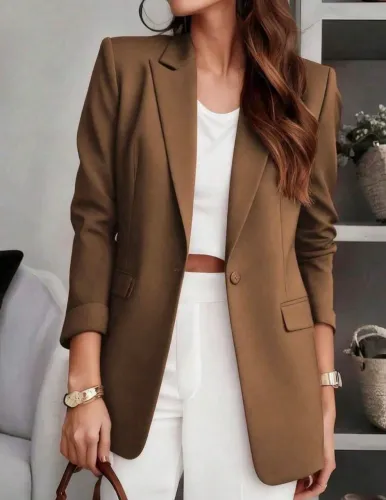 Blazer Feminino de Cor Sólida com Lapela Entalhada com botões frontais