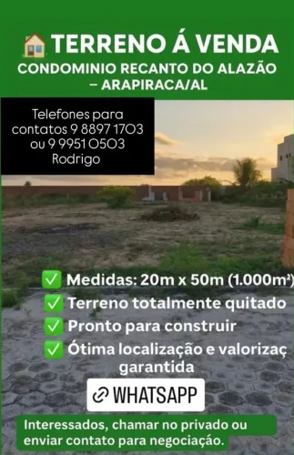 Terreno 20x50m, em condomínio, bairro Batingas-Arapiraca
