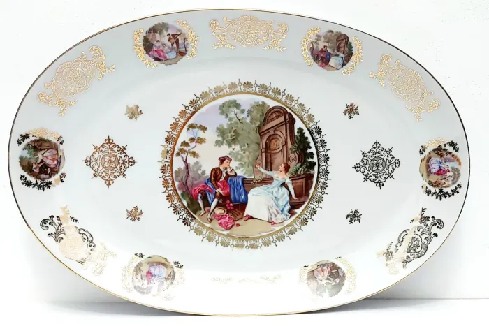 Travessa Oval Antiga Porcelana GEB- Alemã design Cenas Galantes