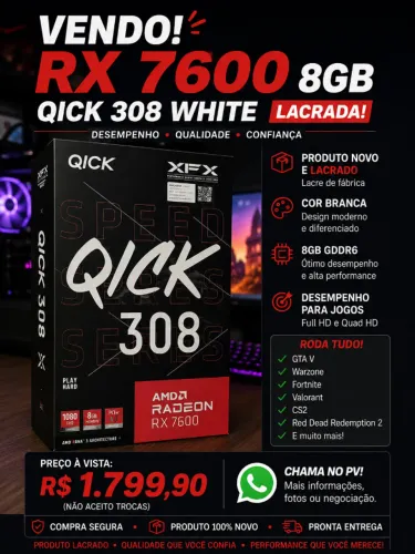 PLACA DE VÍDEO RX 7600 8 GB QUICK 308 WHITE TRIPLE FAN