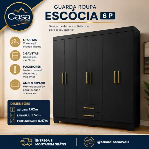 Guarda roupa Escócia 6 portas - Preto
