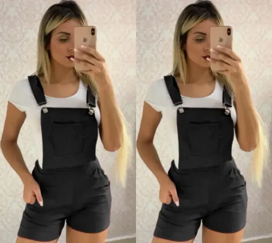 Macaquinho curto jardineira bengaline com bolsos e fivela feminino
