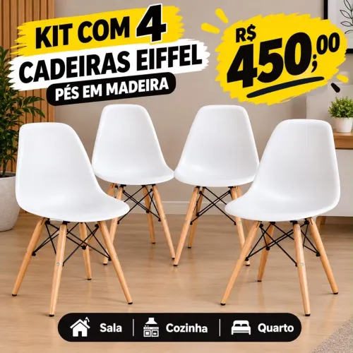 ? Kit 4 Cadeiras Eiffel, assento branco e pés de madeira! Design moderno por R$ 450,00!