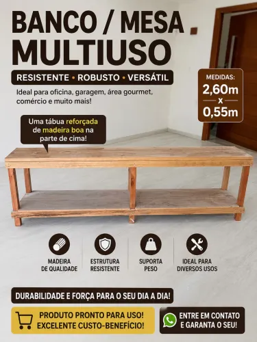 Bancada de Madeira Reforçada 2,60m x 0,55m - Muito Resistente