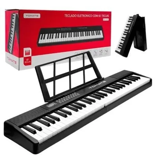 Teclado Eletrônico Tomate MSY9995 Preto 61 Teclas Dobrável, Microfone, Bateria Interna