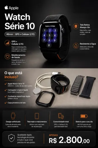 Apple Watch série 10 GPS + Celular 46mm alumínio preto