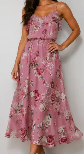 Vestido longo floral rosa