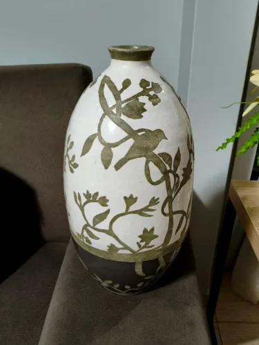 Vaso de Cerâmica Craquelado 36 cm | Off-white e Verde Oliva