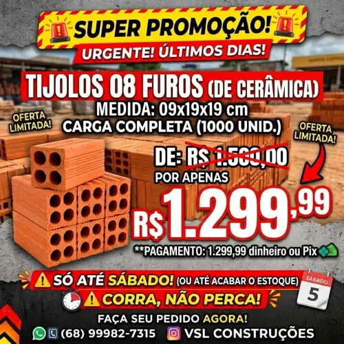 Tijolos 8 furos 09x19x19