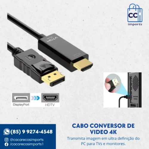 Cabo adaptador 2k e 4K Display Port para HDMI 1,8m