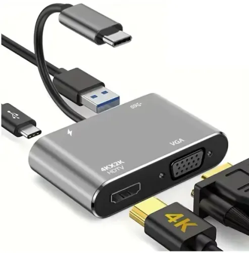 Hub Adaptador Tipo-C 4 em 1 4k- HDMI, VGA, USB 3.0 E... | Novo | Garantia | Entrega Rápida