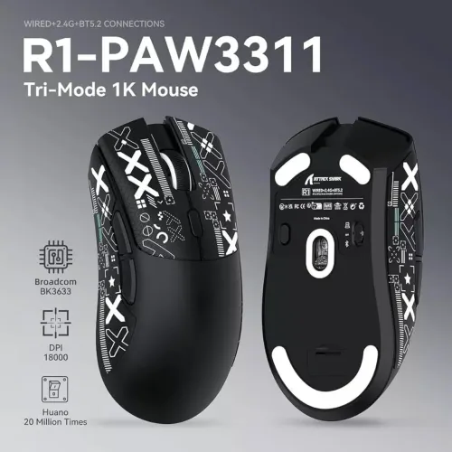 Mouse Gamer ATTACK SHARK R1 PAW3311 "PRETO" - 18000Dpi, Tri Mode, 1000Hz, Ultra Leve 