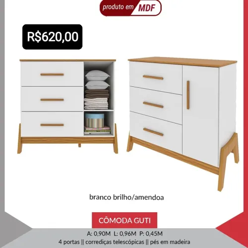 Cômoda Guti Infantil Branco Brilho/Amêndoa