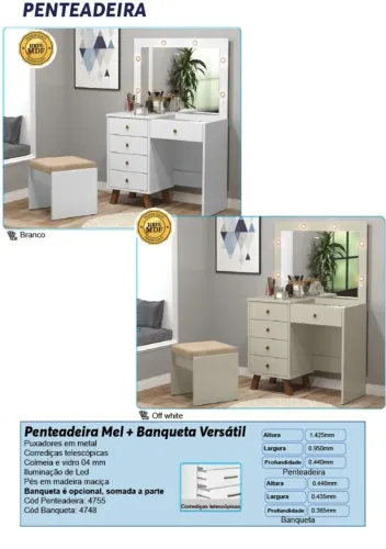 Penteadeira Mel + Banqueta Versátil - R$1349,00