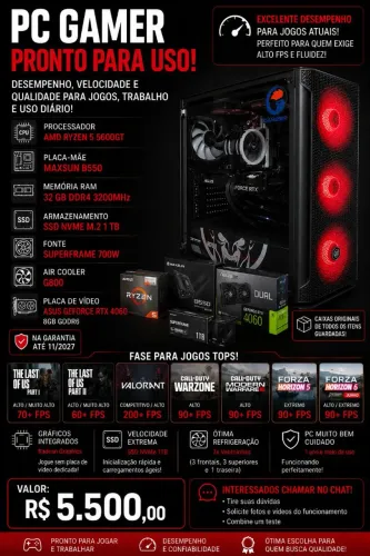 PC Gamer Ryzen 5 5600GT + RTX 4060 ASUS 8GB - 32GB RAM - SSD NVMe 1TB