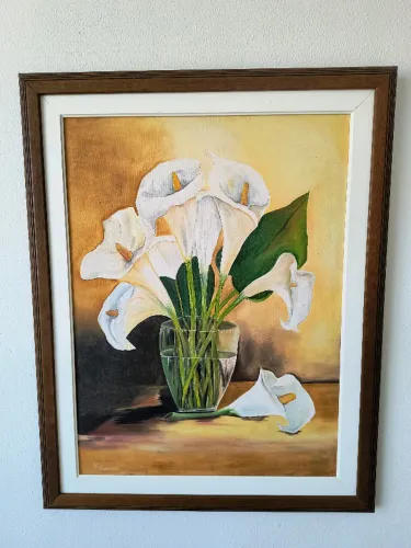 Quadro com flores pintado à óleo em tela