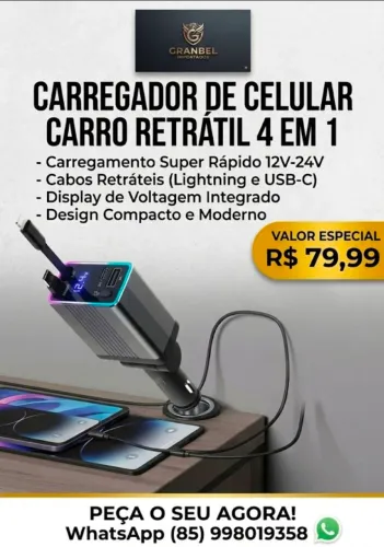 Carregador automotivo retrátil 4 em 1!