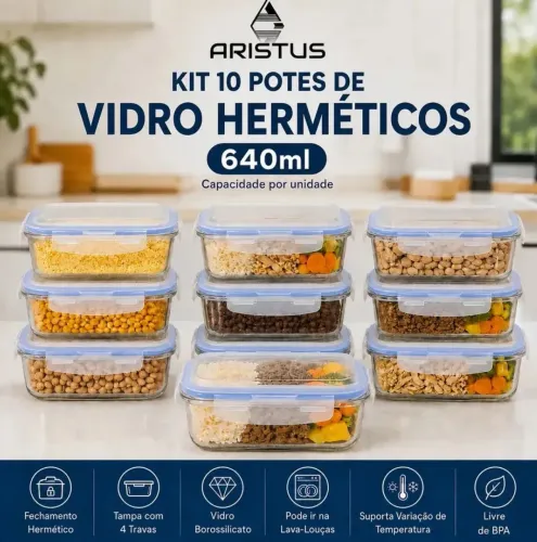 Kit 10 Potes de Vidro Hermético 640ml