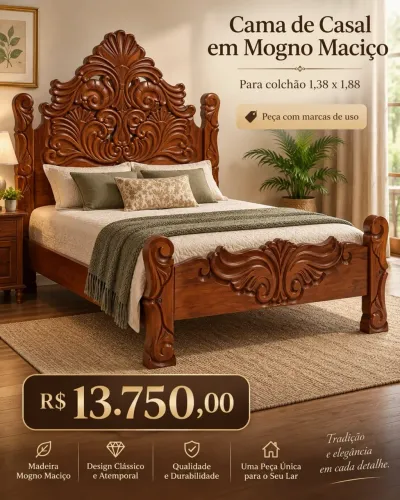 Conjunto Quarto em Mogno Maciço - Cama + Guarda-Roupa + Cômoda - Peças Únicas