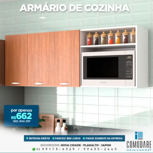 Armário de Cozinha 3 Portas com Nicho para Micro-ondas 1,60m - R$ 662