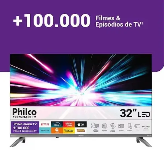 Smart TV 32" HD Philco Sistema Roku TV com apps integrados TV HDR10 Dolby Audio