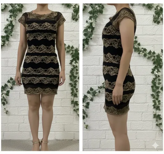 Mini Vestido de malha preto e dourado rendado