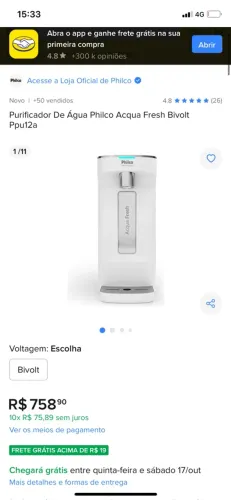 Purificador De Água Philco Acqua Fresh Bivolt Ppu12a