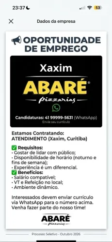 Vaga Atendente Abaré xaxim