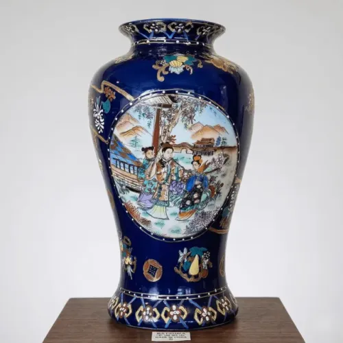 vaso japonês grande azul cobalto 50cm estilo Satsuma 