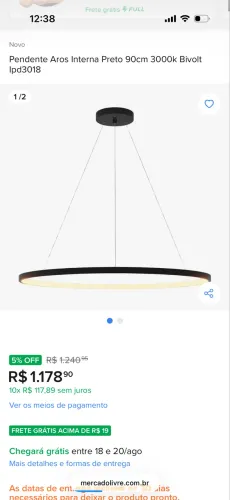 Lustre aro arco anel preto 90 cm diâmetro