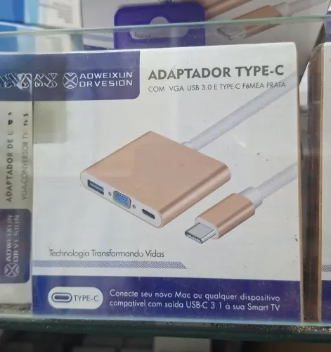 Adaptador Type-C 3 em 1 VGA USB 3.0 e USB-C Fêmea - Entrega Grátis