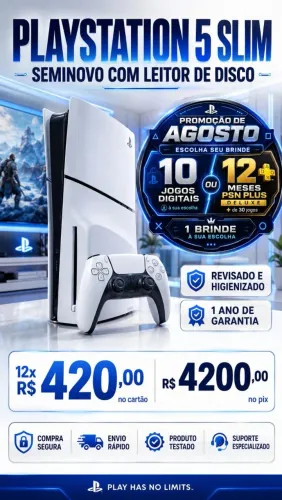 Playstation 5 Slim com leitor de disco Seminovo com 1 ano de garantia