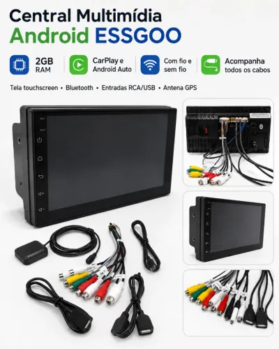 Central Multimídia Android ESSGOO 2GB CarPlay Android Auto Sem Fio