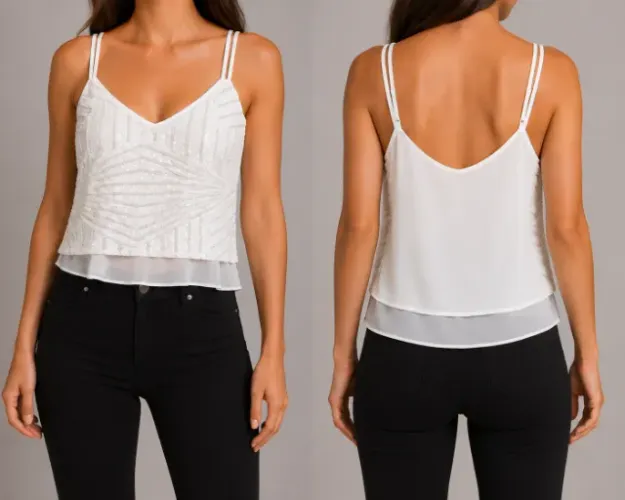 Blusa branca festiva com paete brilhante aquamar na etiqueta