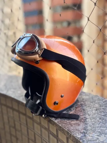 Capacete Moto Vintage Retrô Laranja com Óculos Aviador