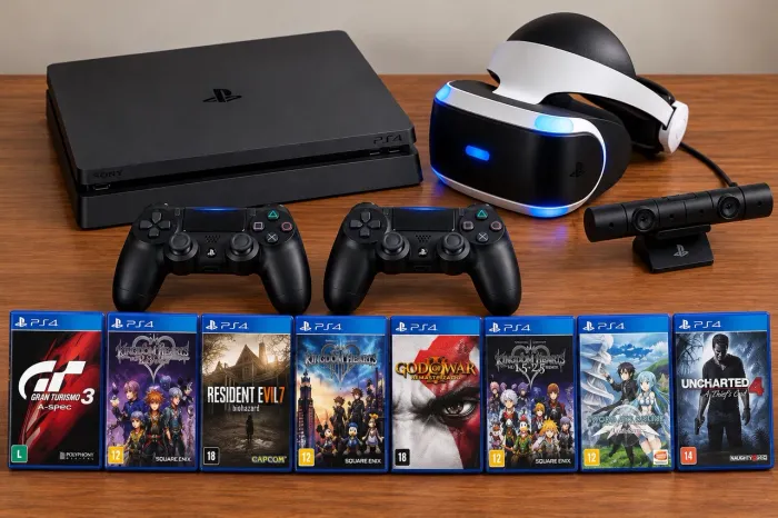 PlayStation 4 (ps4) com dois controles originais + câmera e óculos vr + 8 jogos