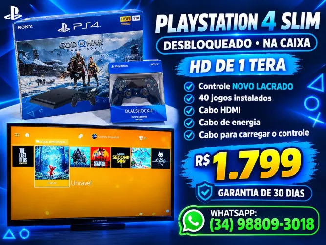 PLAYSTATION 4 SLIM DESBLOQUE@DO HD 1 TERA CONTROLE NOVO
