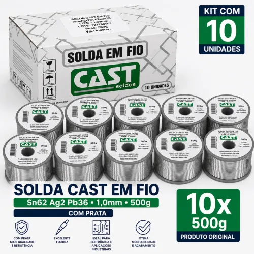 Kit com 10 Unidades - Solda Fio Cast Sn62 Ag2 Pb36 1,0 mm 500 g Original
