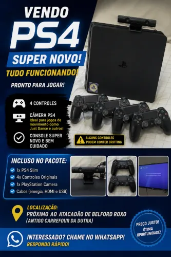 PS4 SLIM 1TB SSD SUPER NOVO + 4 CONTROLES + CÂMERA