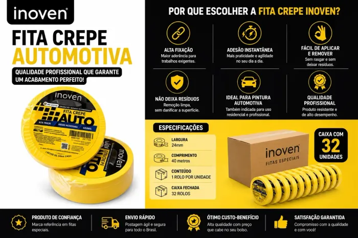  Fita Crepe Automotiva INOVEN Amarela ( Caixa com 32 unidades).