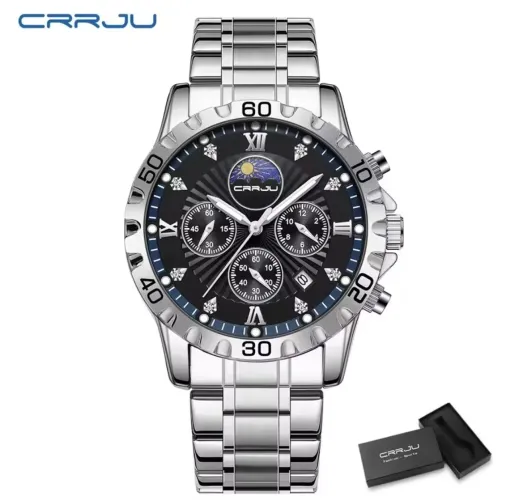 Relógio Inox Luxo CRRJU Social Executivo Silver Blue com Cronógrafo Pulseira inox prata