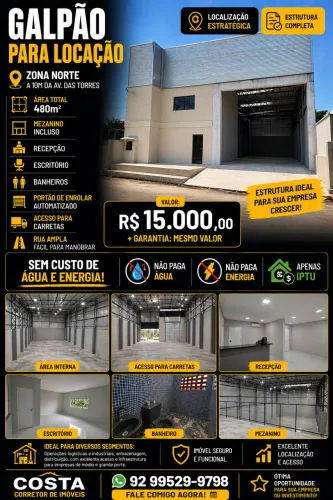 GALPÃO 480m² NA AV. DAS TORRES ? MEZANINO + ACESSO P/ CARRETA - ZONA NORTE