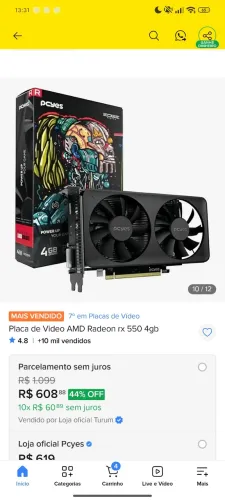 Placa de vídeo rx550 4gb duble fan pcyes(1 a 2 meses de uso)
