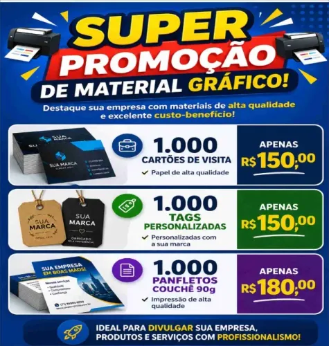 1000 tags personalizadas, 1000 cartões de visita, 1000 folders